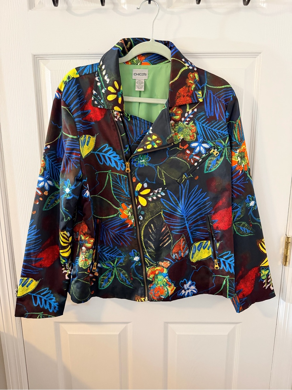 Chico's Black Floral Multicolor Moto Jacket